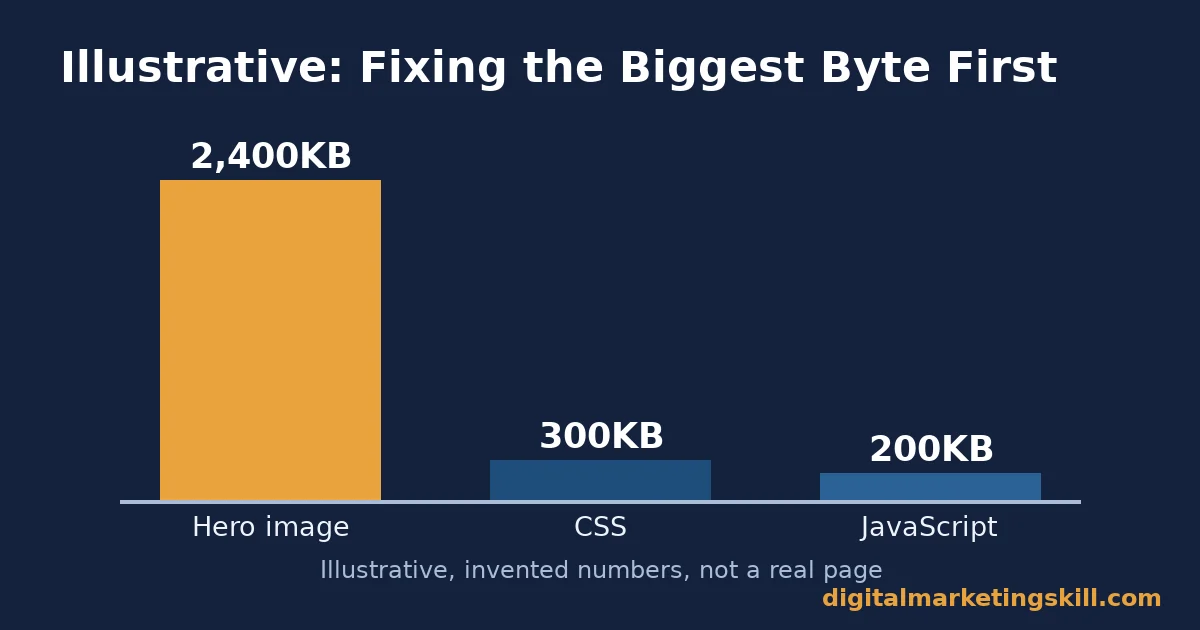 Bar chart with illustrative invented numbers comparing a 2400 kilobyte hero image to 300 kilobytes of CSS and 200 kilobytes of JavaScript to show why website page speed fixes should target the largest file first