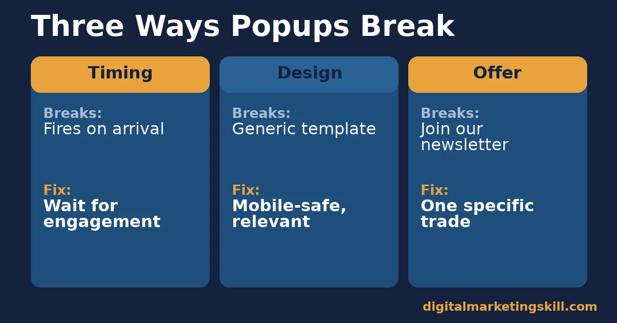 Website popup tools comparison of three break points and fixes: timing fires on arrival, design uses a generic template, and offer is not specific