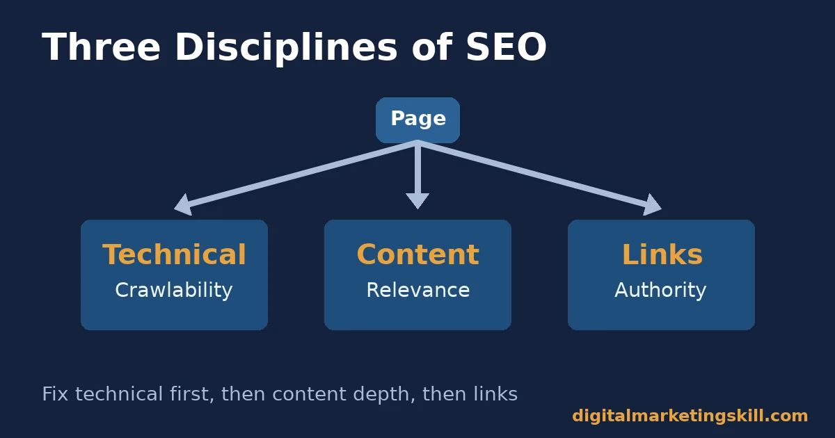 Diagram showing the three disciplines of website SEO optimization: technical, content and links