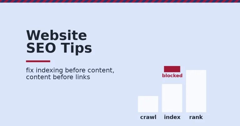 Website SEO tips shown as three rising steps labelled crawl, index and rank, with a crimson blocked bar on the index step