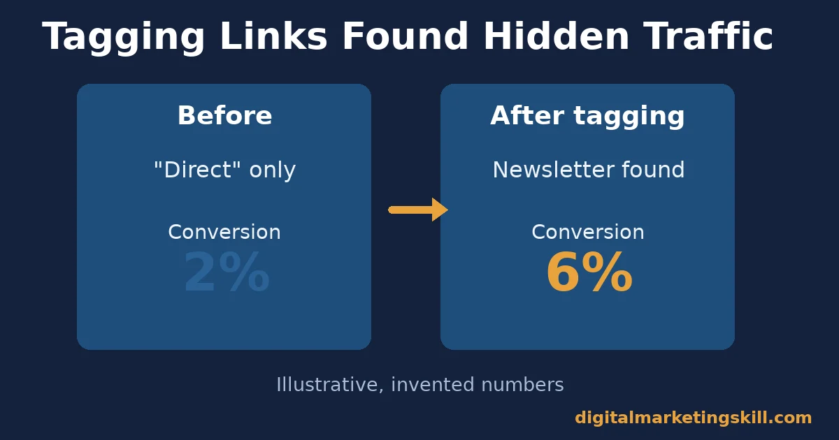Website traffic analysis illustrative example of direct traffic converting at 2% before UTM tagging and 6% after a newsletter segment is found