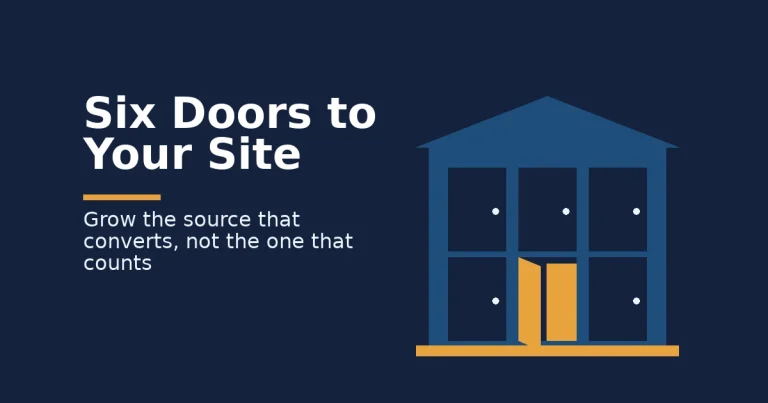 Website traffic cover showing a building with six doors and one amber door open