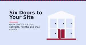 Website traffic cover showing a building with six doors and one amber door open