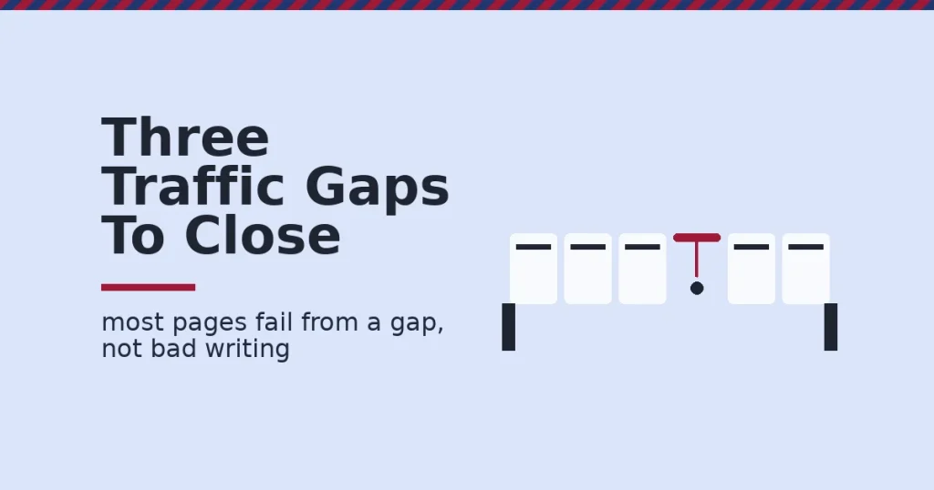 Website traffic strategies shown as a bridge of white planks with one crimson gap representing a missing fix