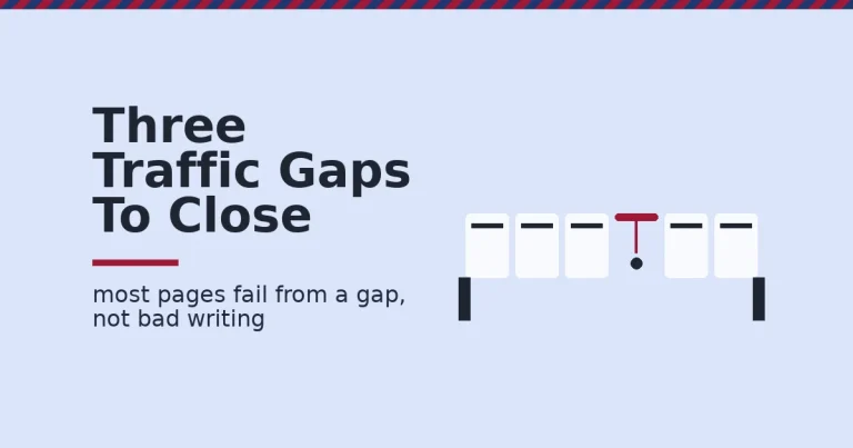 Website traffic strategies shown as a bridge of white planks with one crimson gap representing a missing fix
