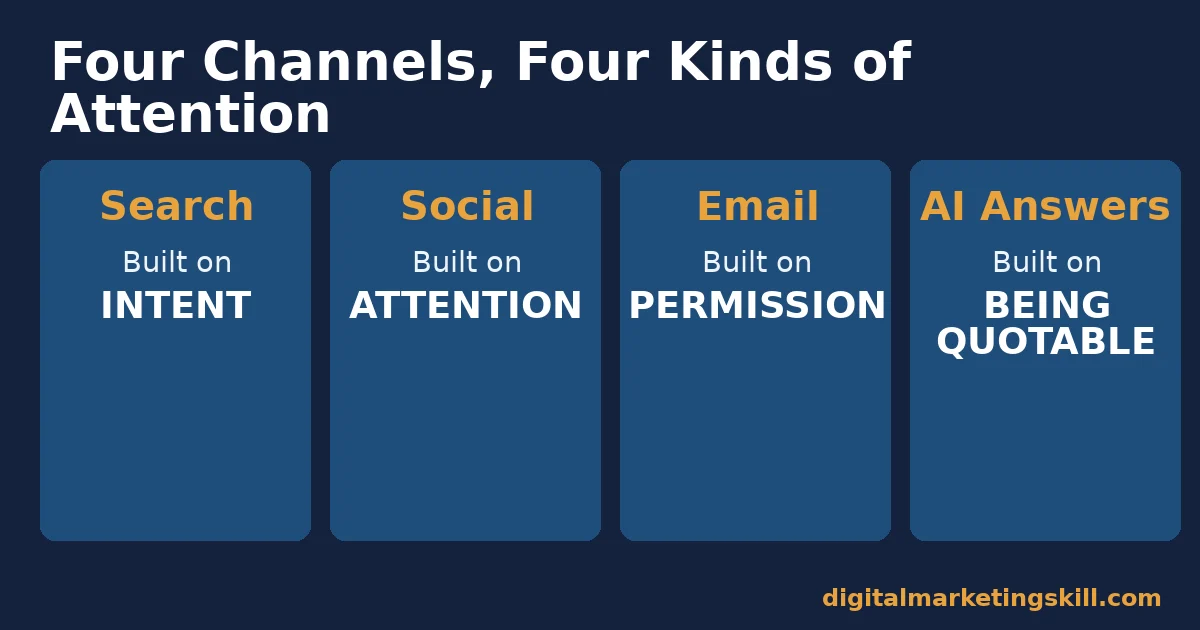 What is digital marketing across four channels What is digital marketing comparison of search built on intent, social built on attention, email built on permission and AI answer engines built on being quotable