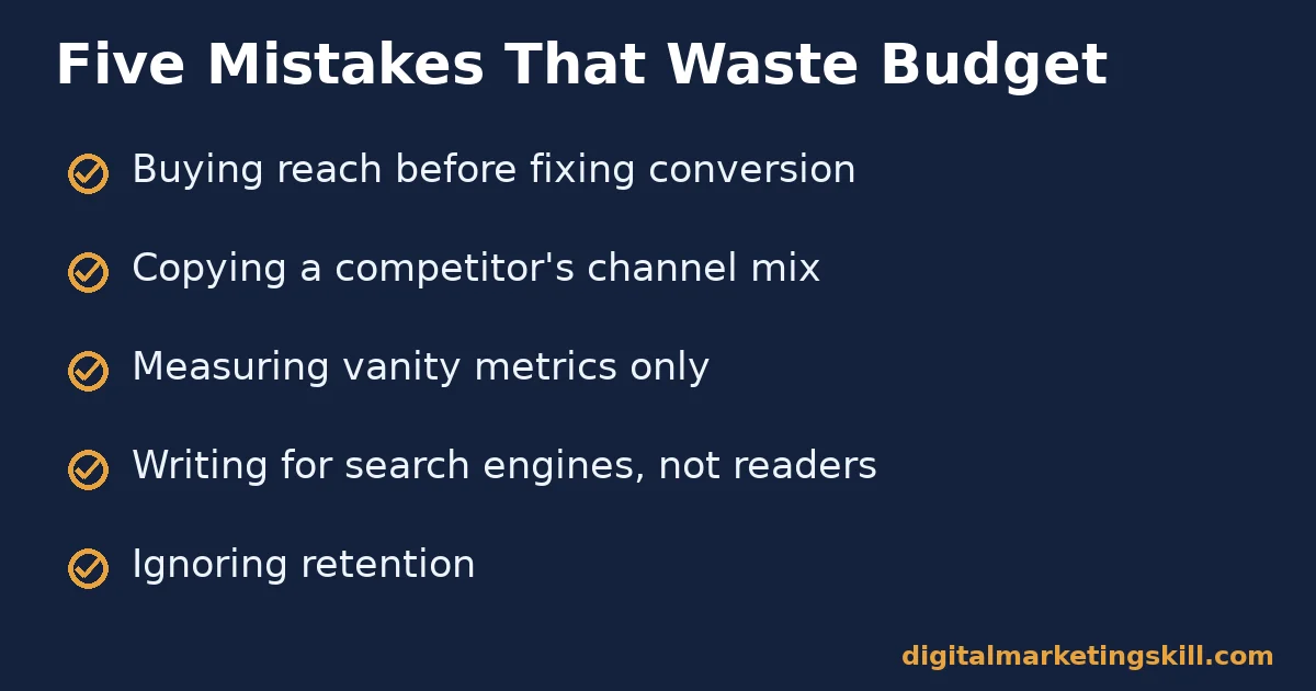 What is digital marketing going wrong: five mistakes What is digital marketing checklist of five mistakes: buying reach before fixing conversion, copying a competitor channel mix, measuring vanity metrics, writing for search engines not readers, ignoring retention