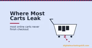 What is ecommerce shown as a shopping cart with items inside and a crimson crack leaking at the bottom