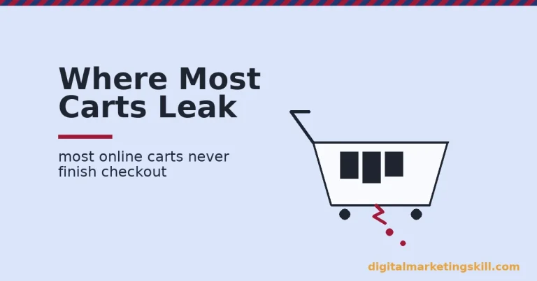 What is ecommerce shown as a shopping cart with items inside and a crimson crack leaking at the bottom