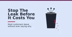Why customers leave illustrated as a bucket leaking red drops through a crack while new dark leads enter the top