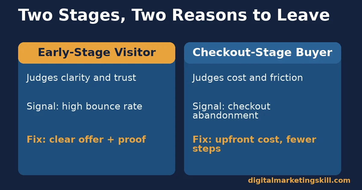 Comparison showing why customers leave differs between early-stage visitors who judge trust and checkout-stage buyers who judge cost