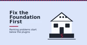 WordPress SEO shown as a white house with a red crack in its dark foundation, under the headline Fix the Foundation First