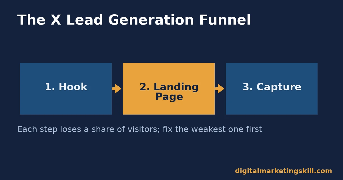 The X lead generation funnel diagram Diagram of the X lead generation funnel: hook, landing page, capture